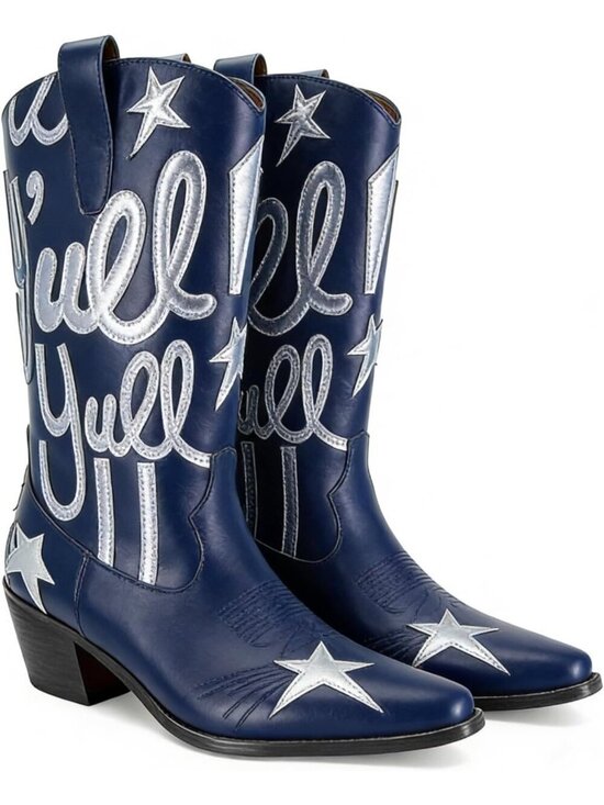 Shoes - Women’s Navy Blue Mid Calf Western Pull On Cowgirl Boots with Star Embroidery